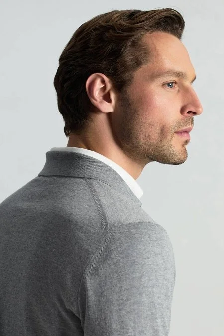 Merino Yünü Polo Yaka Açık Gri Triko