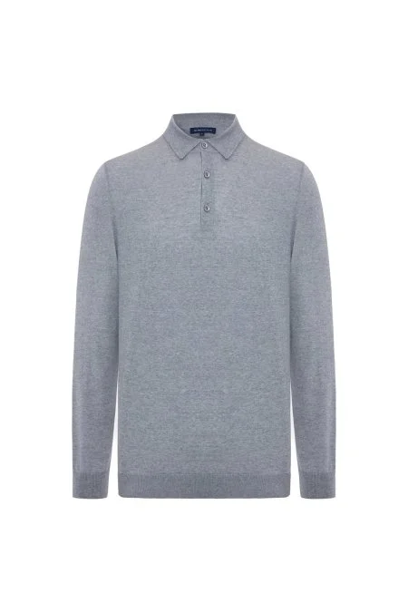 Merino Yünü Polo Yaka Açık Gri Triko
