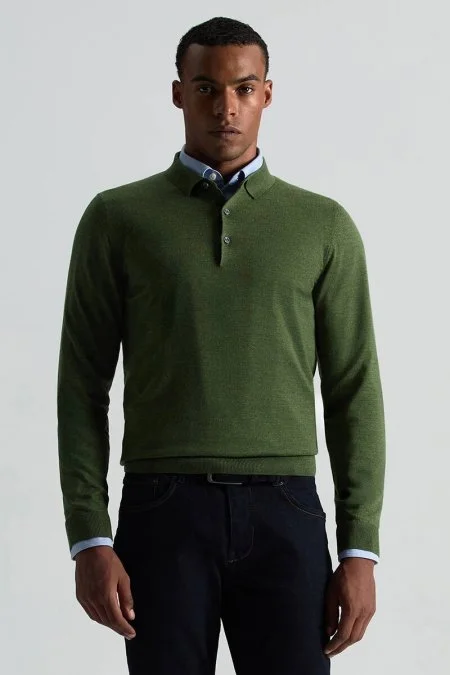 Merino Yünü Polo Yaka Açık Yeşil Triko