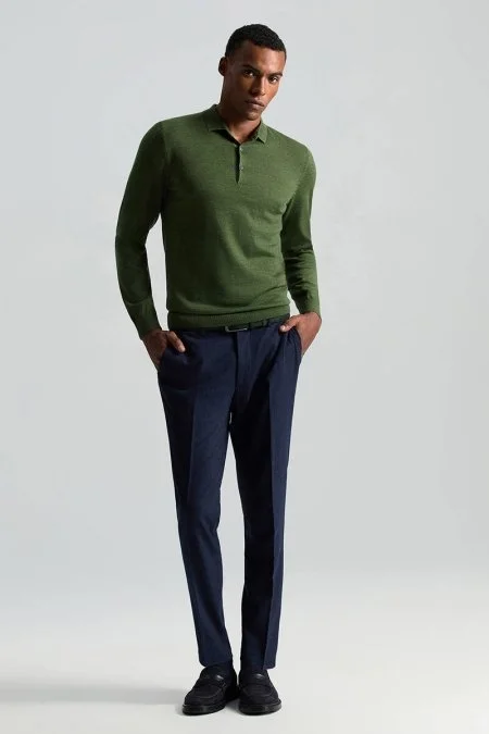 Merino Yünü Polo Yaka Açık Yeşil Triko