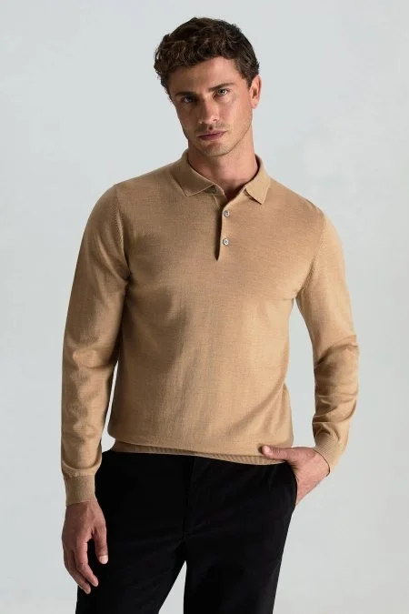 Merino Yünü Polo Yaka Camel Triko