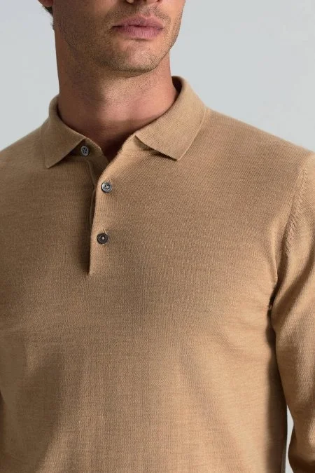 Merino Yünü Polo Yaka Camel Triko