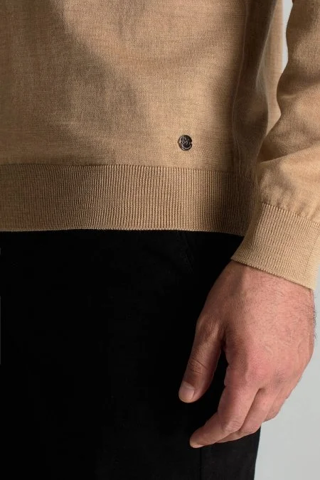 Merino Yünü Polo Yaka Camel Triko