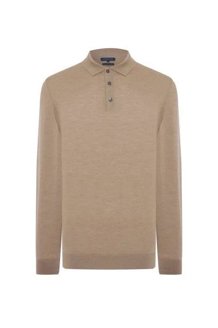 Merino Yünü Polo Yaka Camel Triko