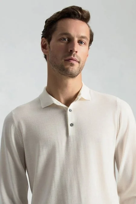 Merino Yünü Polo Yaka Ekru Triko