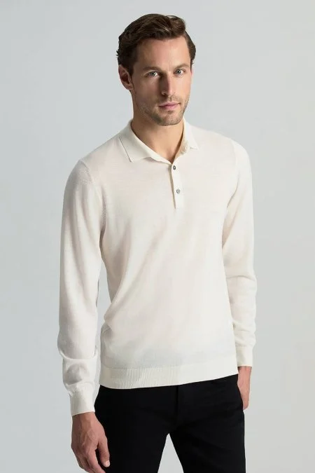 Merino Yünü Polo Yaka Ekru Triko