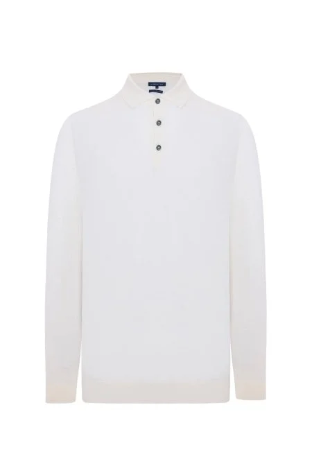 Merino Yünü Polo Yaka Ekru Triko