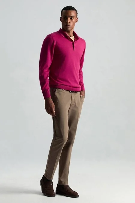 Merino Yünü Polo Yaka Fuşya Triko