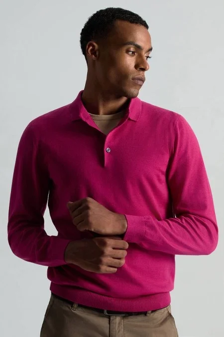 Merino Yünü Polo Yaka Fuşya Triko