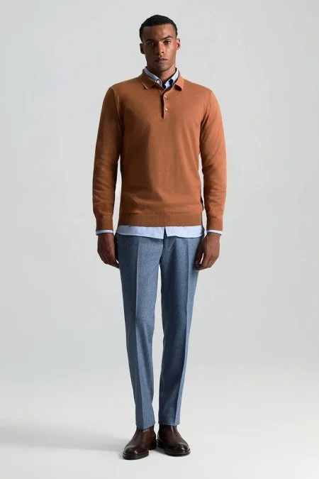 Merino Yünü Polo Yaka Konyak Rengi Triko