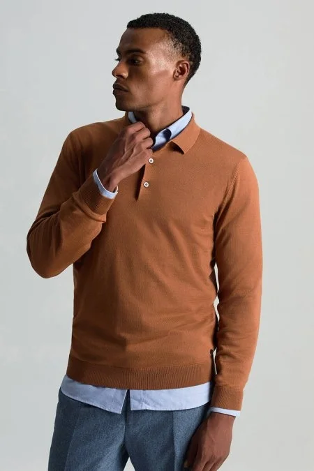 Merino Yünü Polo Yaka Konyak Rengi Triko