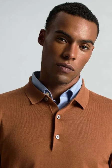 Merino Yünü Polo Yaka Konyak Rengi Triko