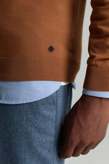 Merino Yünü Polo Yaka Konyak Rengi Triko