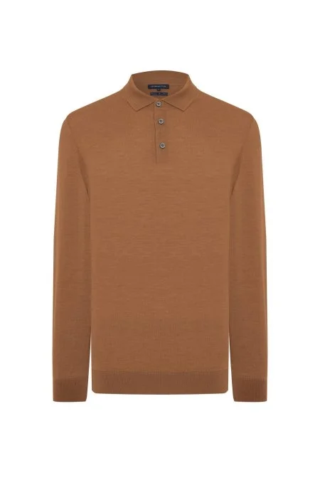 Merino Yünü Polo Yaka Konyak Rengi Triko