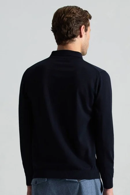 Merino Yünü Polo Yaka Lacivert Triko