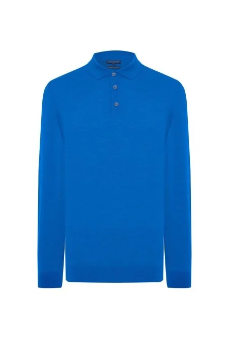 Merino Yünü Polo Yaka Mavi Triko