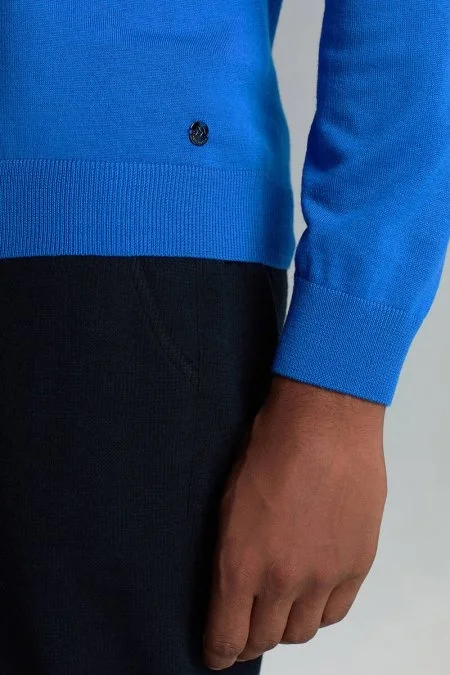 Merino Yünü Polo Yaka Mavi Triko