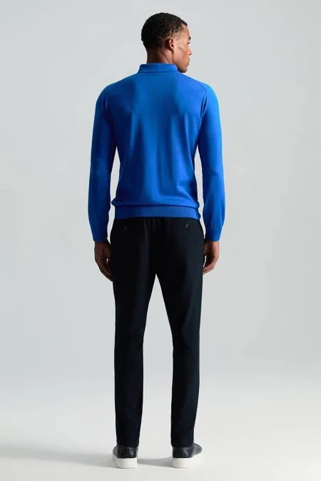 Merino Yünü Polo Yaka Mavi Triko