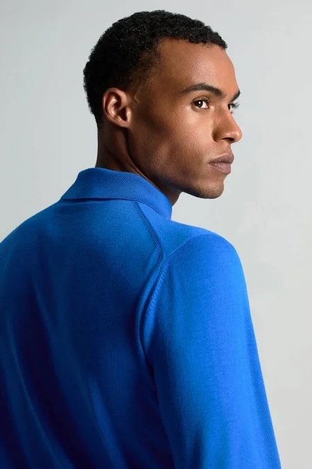 Merino Yünü Polo Yaka Mavi Triko