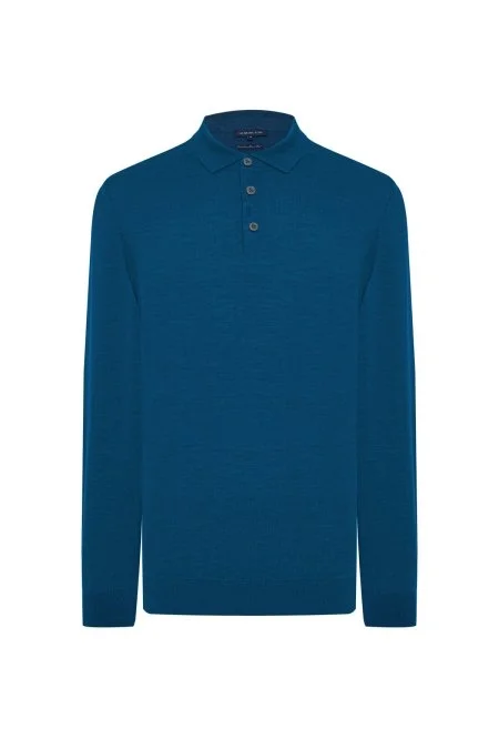 Merino Yünü Polo Yaka Petrol Mavisi Triko