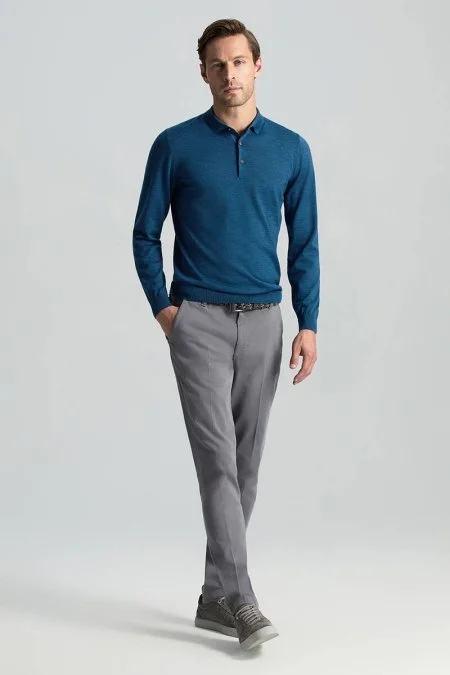 Merino Yünü Polo Yaka Petrol Mavisi Triko