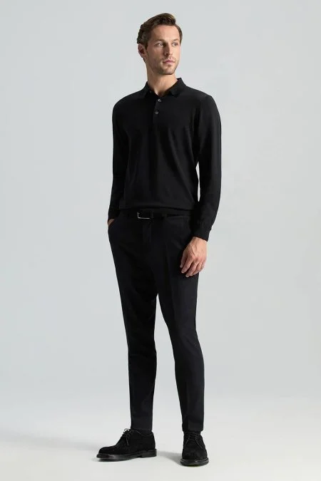 Merino Yünü Polo Yaka Siyah Triko