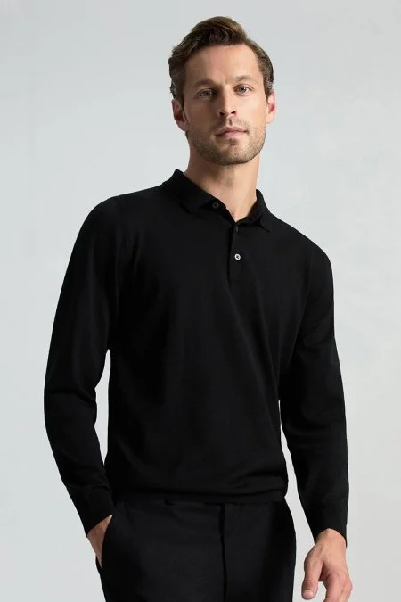 Merino Yünü Polo Yaka Siyah Triko