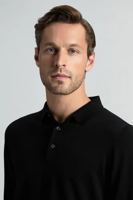 Merino Yünü Polo Yaka Siyah Triko