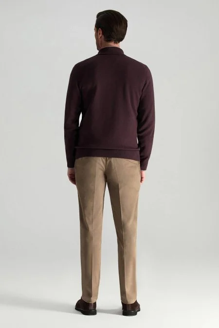 Merino Yünü Polo Yaka Yarım Fermuarlı Bordo Triko Kazak