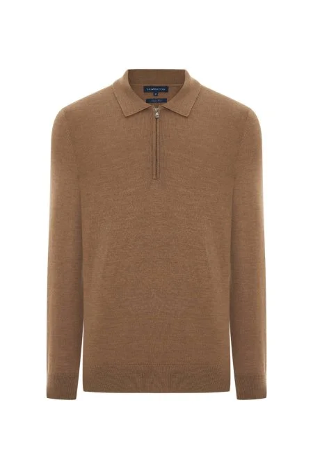 Merino Yünü Polo Yaka Yarım Fermuarlı Camel Triko Kazak
