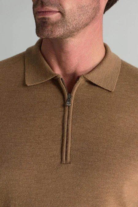 Merino Yünü Polo Yaka Yarım Fermuarlı Camel Triko Kazak
