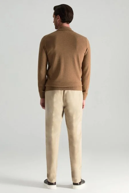 Merino Yünü Polo Yaka Yarım Fermuarlı Camel Triko Kazak