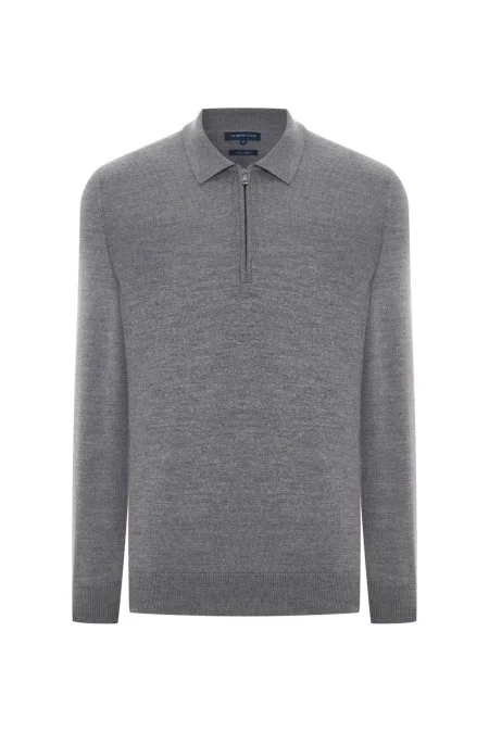 Merino Yünü Polo Yaka Yarım Fermuarlı Gri Triko Kazak