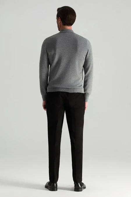 Merino Yünü Polo Yaka Yarım Fermuarlı Gri Triko Kazak