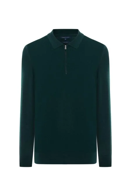 Merino Yünü Polo Yaka Yarım Fermuarlı Koyu Yeşil Triko Kazak