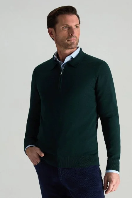Merino Yünü Polo Yaka Yarım Fermuarlı Koyu Yeşil Triko Kazak