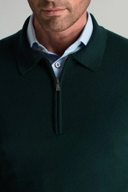 Merino Yünü Polo Yaka Yarım Fermuarlı Koyu Yeşil Triko Kazak