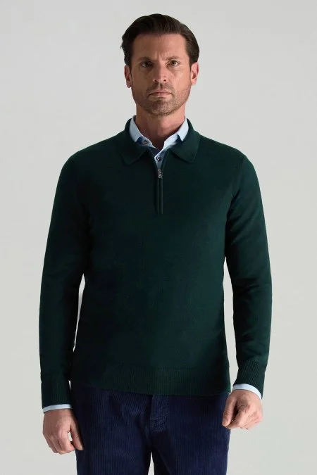 Merino Yünü Polo Yaka Yarım Fermuarlı Koyu Yeşil Triko Kazak
