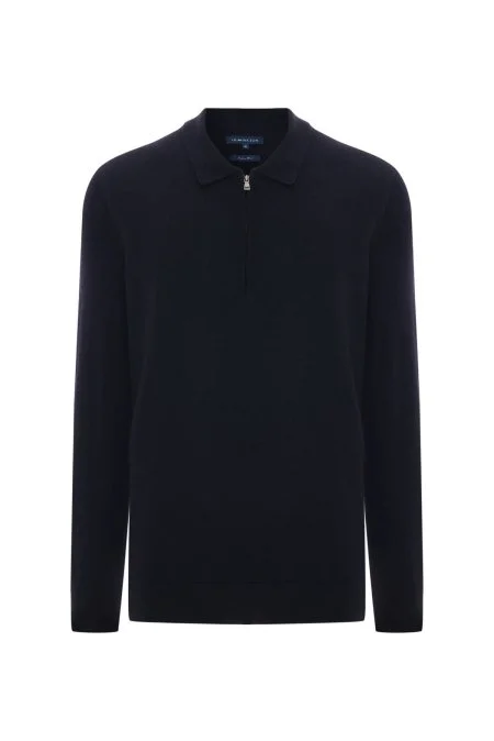 Merino Yünü Polo Yaka Yarım Fermuarlı Lacivert Triko Kazak