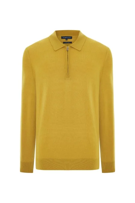 Merino Yünü Polo Yaka Yarım Fermuarlı Sarı Triko Kazak