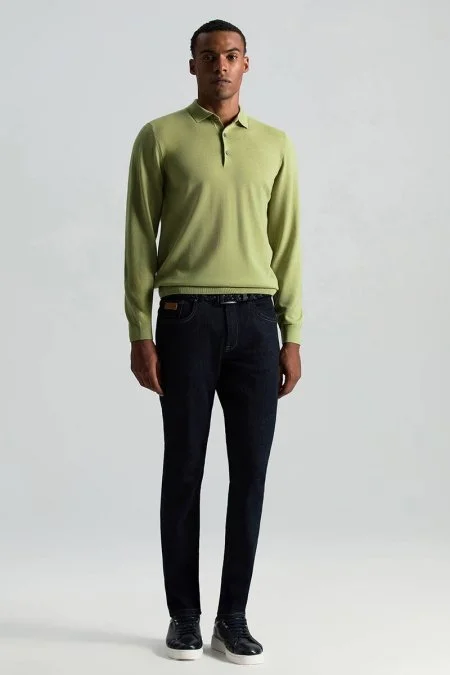 Merino Yünü Polo Yaka Yeşil Triko