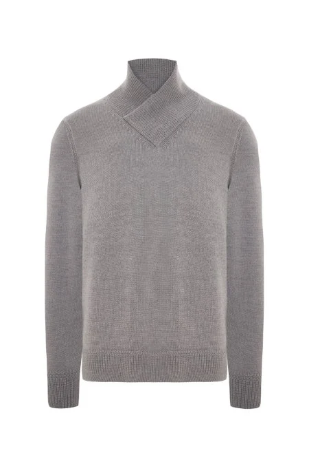 Merino Yünü Şal Yaka Açık Gri Triko Kazak