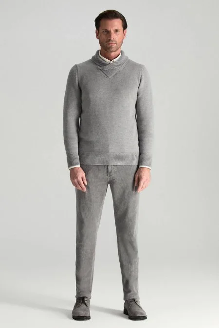 Merino Yünü Şal Yaka Açık Gri Triko Kazak