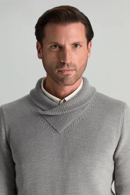 Merino Yünü Şal Yaka Açık Gri Triko Kazak