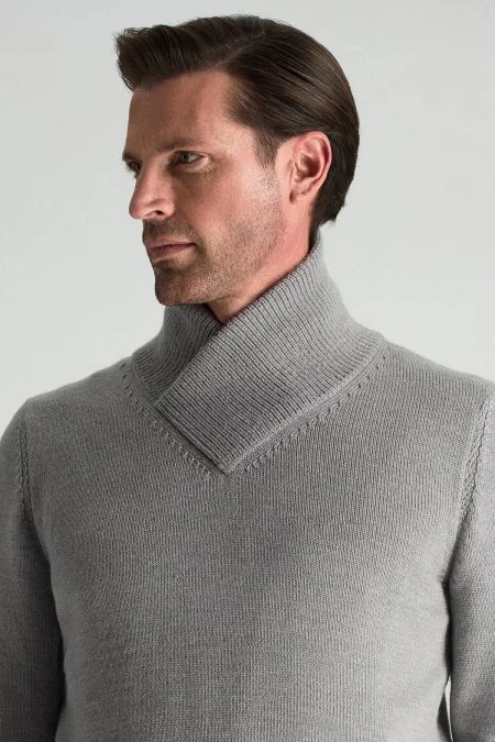 Merino Yünü Şal Yaka Açık Gri Triko Kazak