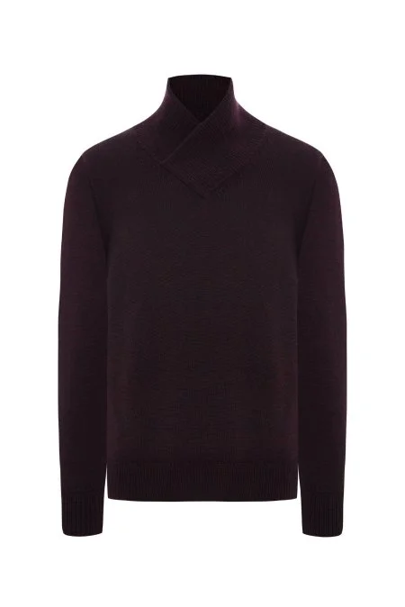 Merino Yünü Şal Yaka Bordo Triko Kazak