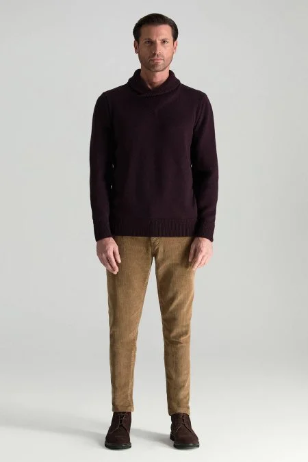Merino Yünü Şal Yaka Bordo Triko Kazak