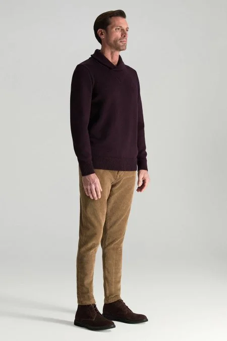 Merino Yünü Şal Yaka Bordo Triko Kazak