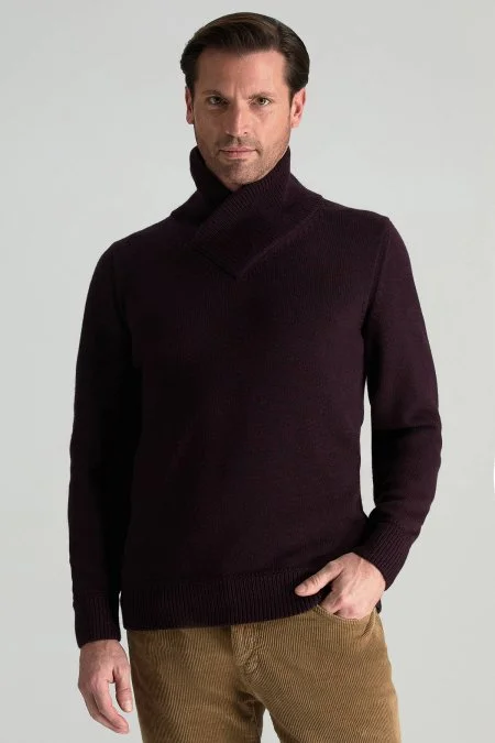 Merino Yünü Şal Yaka Bordo Triko Kazak