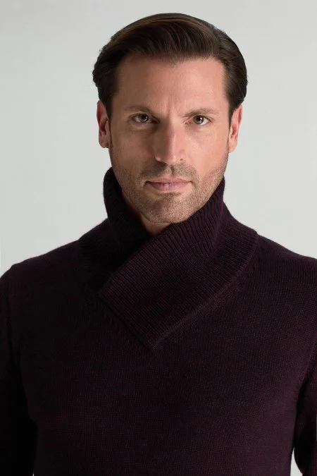 Merino Yünü Şal Yaka Bordo Triko Kazak